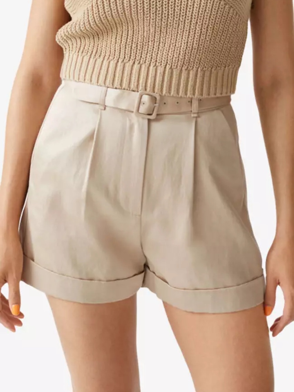 & Other Stories Cream High-Waist Belted Cuffed Shorts